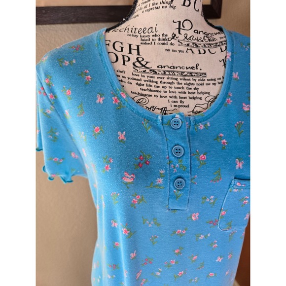 Vintage 90s Moon Dance Blue Floral Butterfly Henley Nightgown Maxi Dress M Soft - Picture 4 of 13